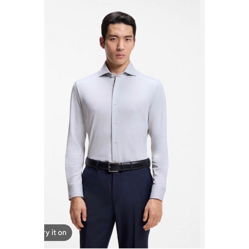 Hugo Boss Mens Regular Fit Two Ply Micro Check Dress Shirt Blue 15/R Long Sleeve